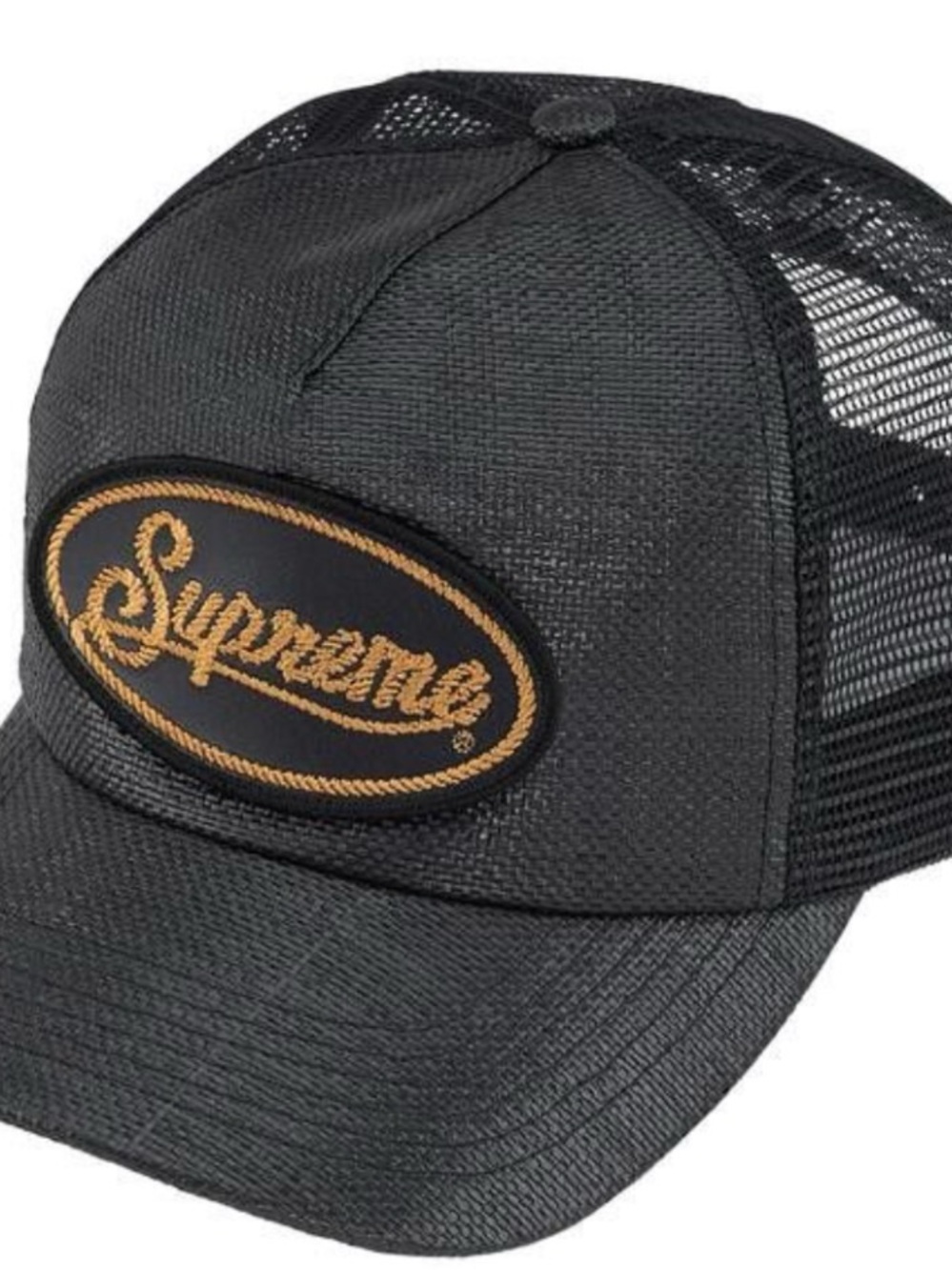 Supreme Black Trucker Cap with Gold Script Patch